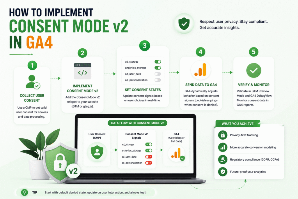 How do you implement Consent Mode v2 in GA4?