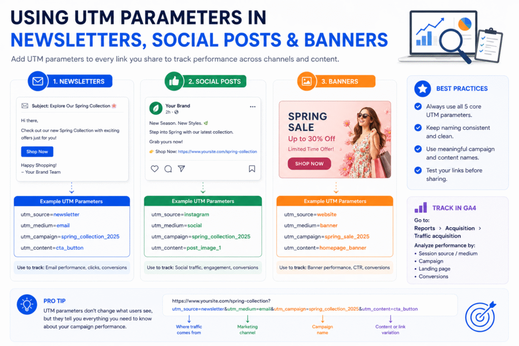 Using the UTM parameters in newsletters, social posts, and banners.